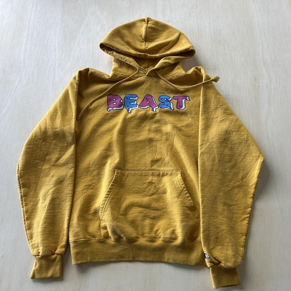 Champion Hoodie Mens Small Yellow Fleece Mr Beast Glazed Doughnut Sweatshirt